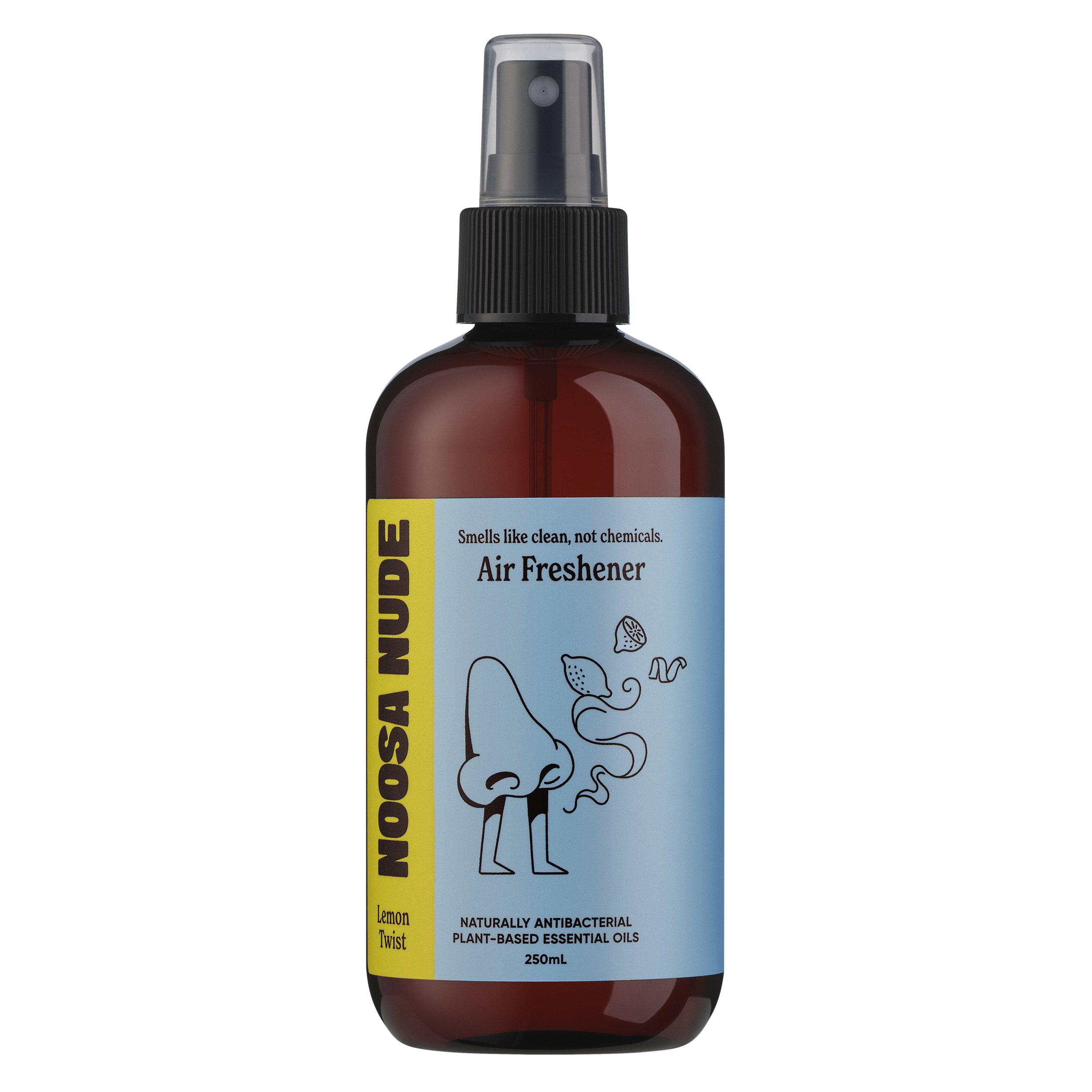 Brown air freshener bottle with a label on a white background