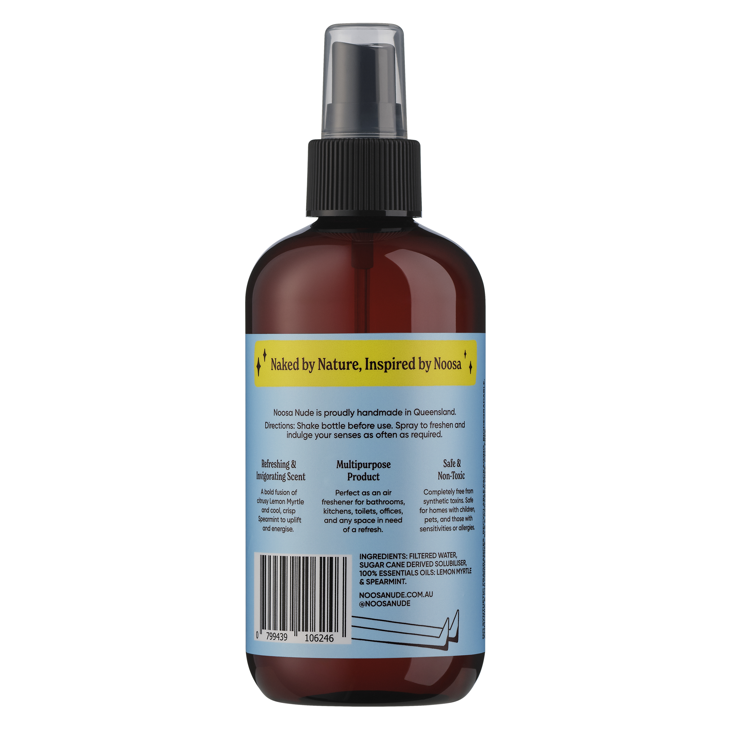 Brown spray bottle with a label on a white background