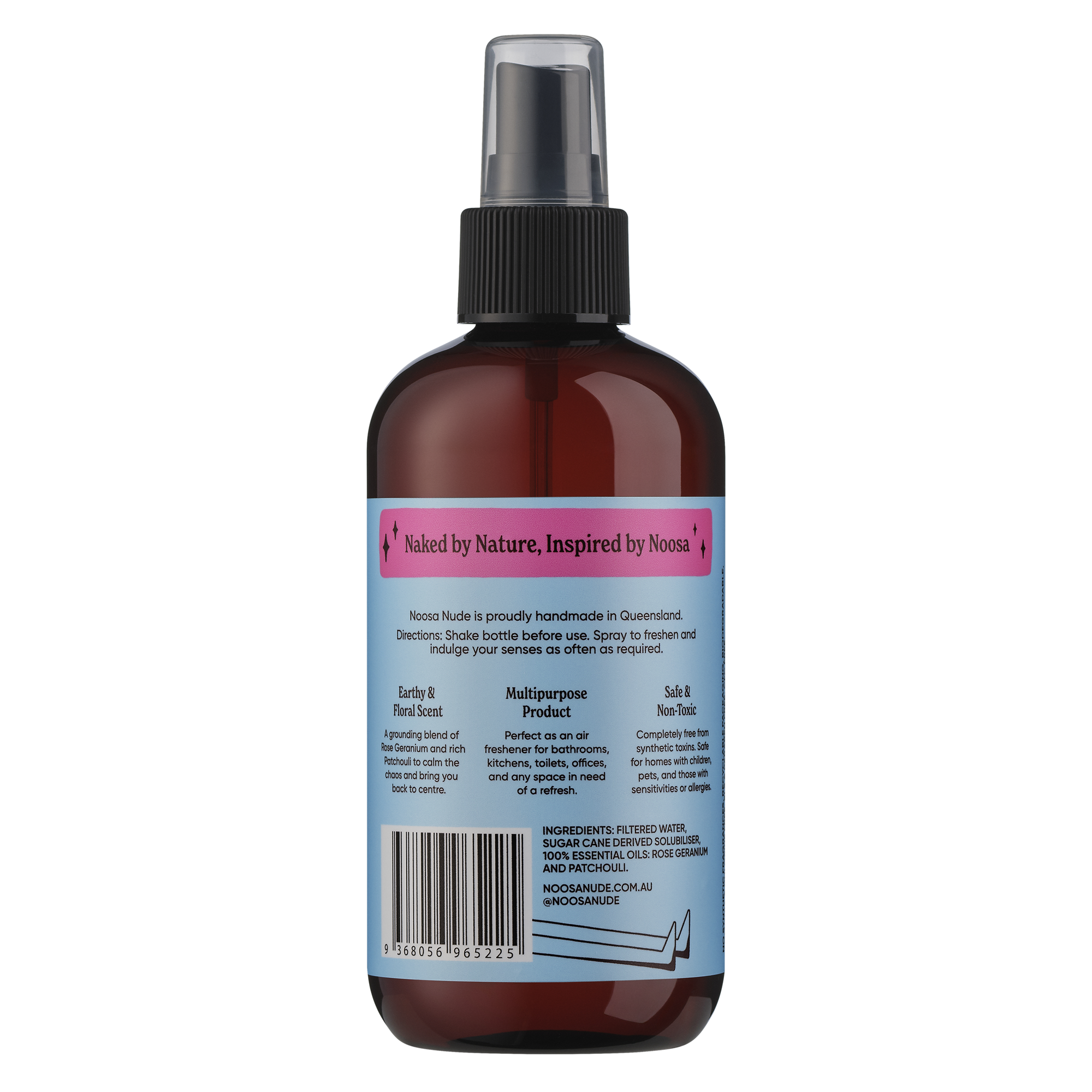 Brown spray bottle with a label on a white background