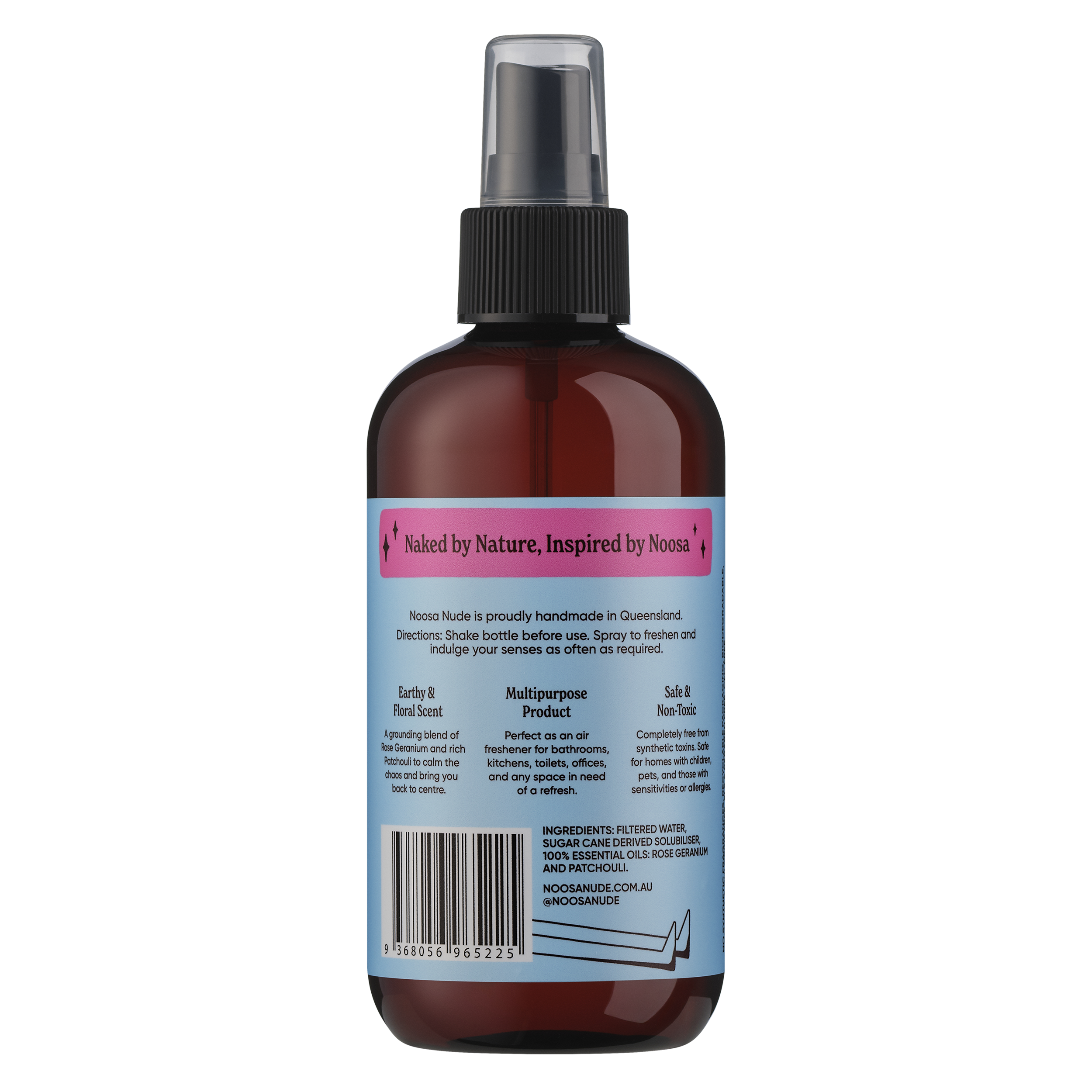 Brown spray bottle with a label on a white background