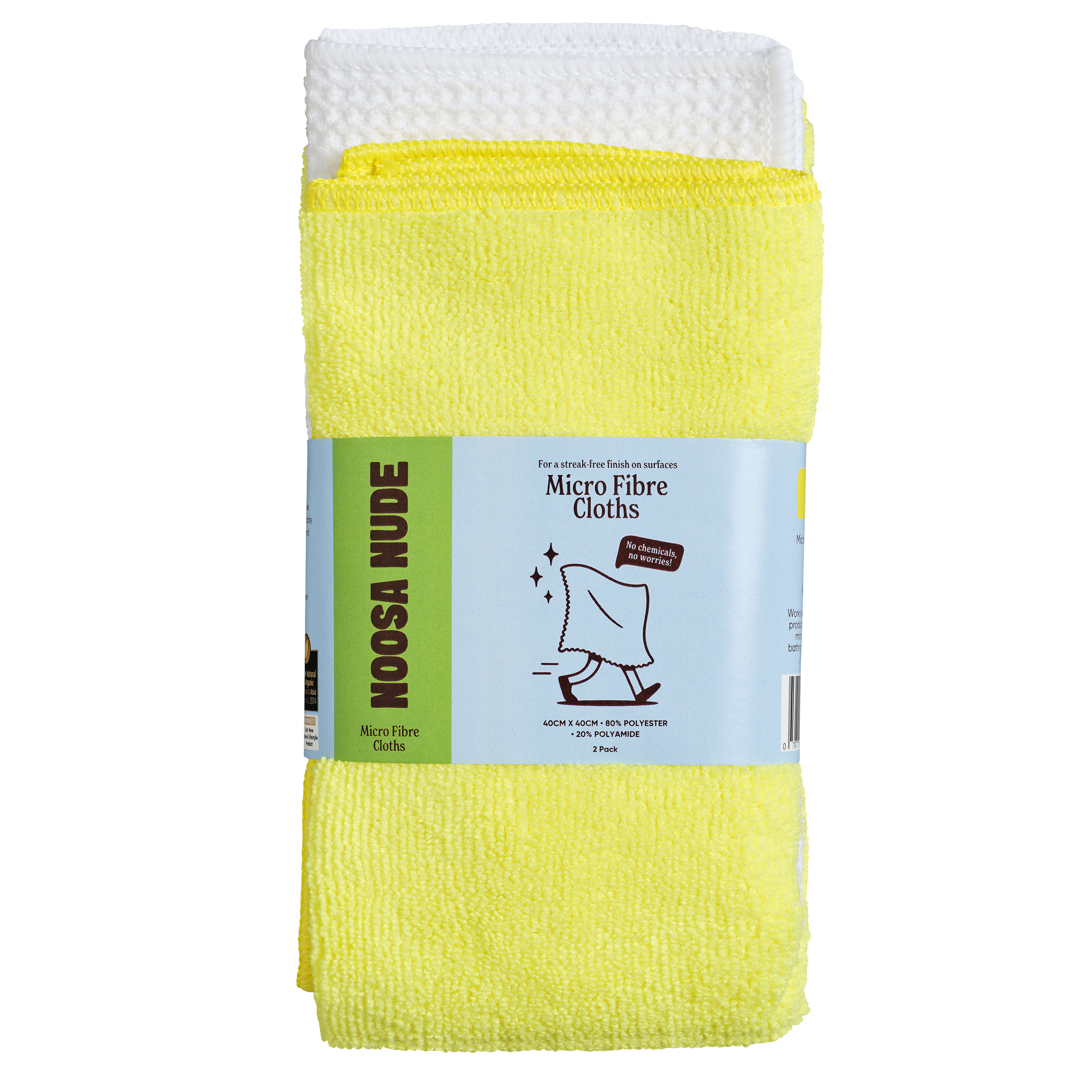 Yellow microfiber cloth with a white top layer on a white background, featuring the Noosa Nude brand.