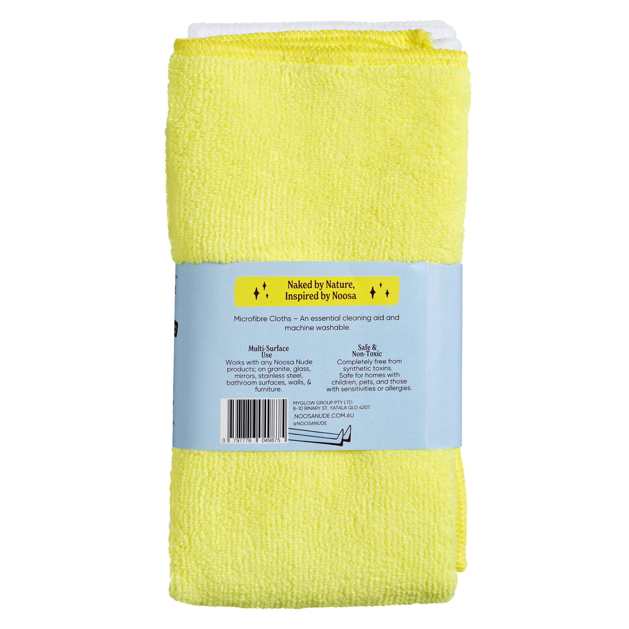 Yellow microfiber cloth with a label on a white background