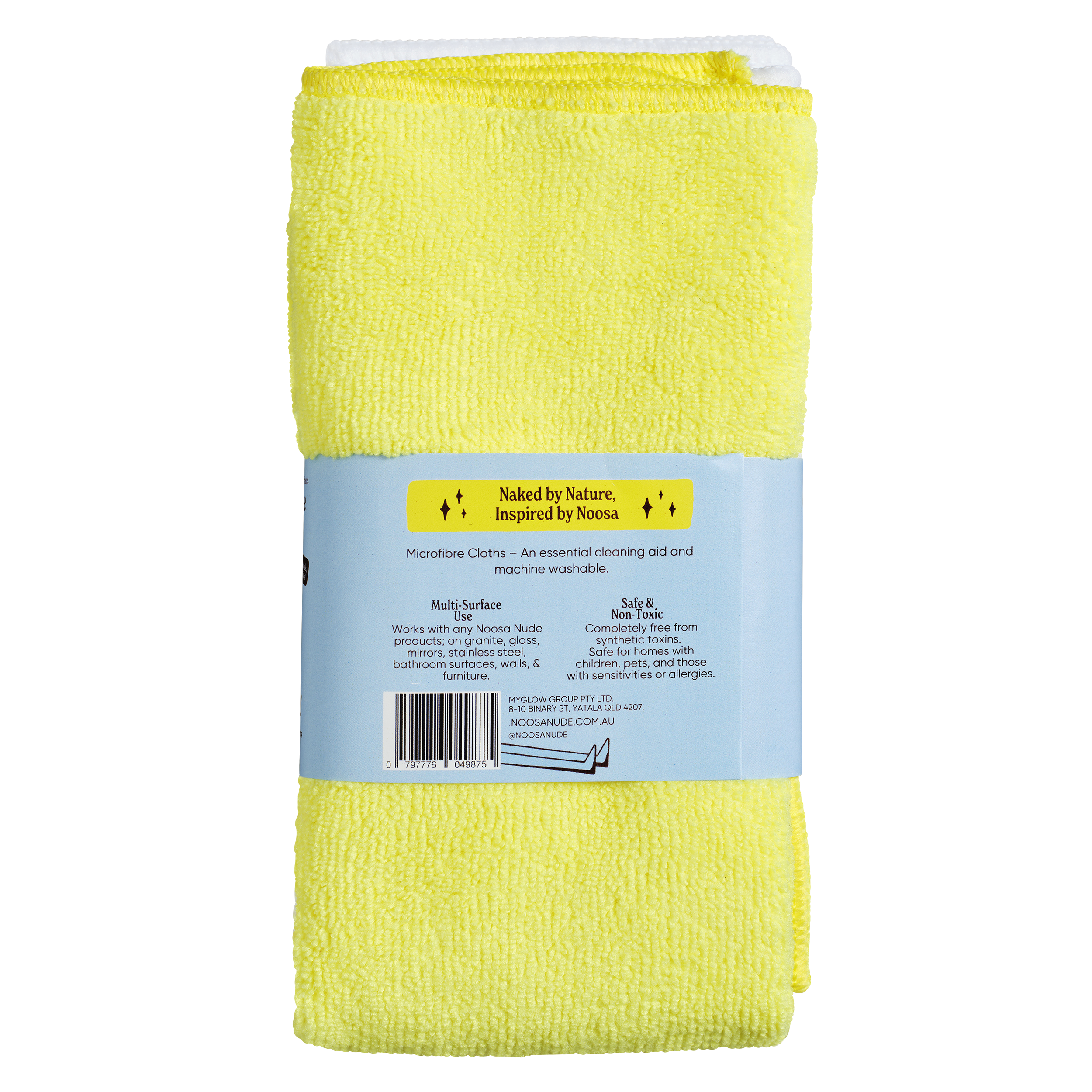 Yellow microfiber cloth with a label on a white background