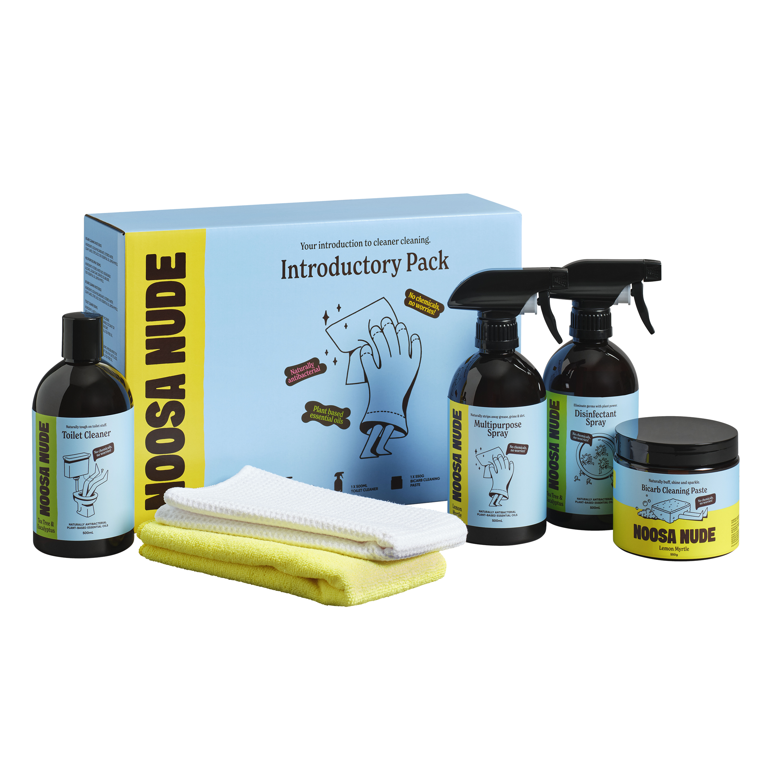 Noosa Nude cleaning product set including bottles, a box, and a jar on a white background