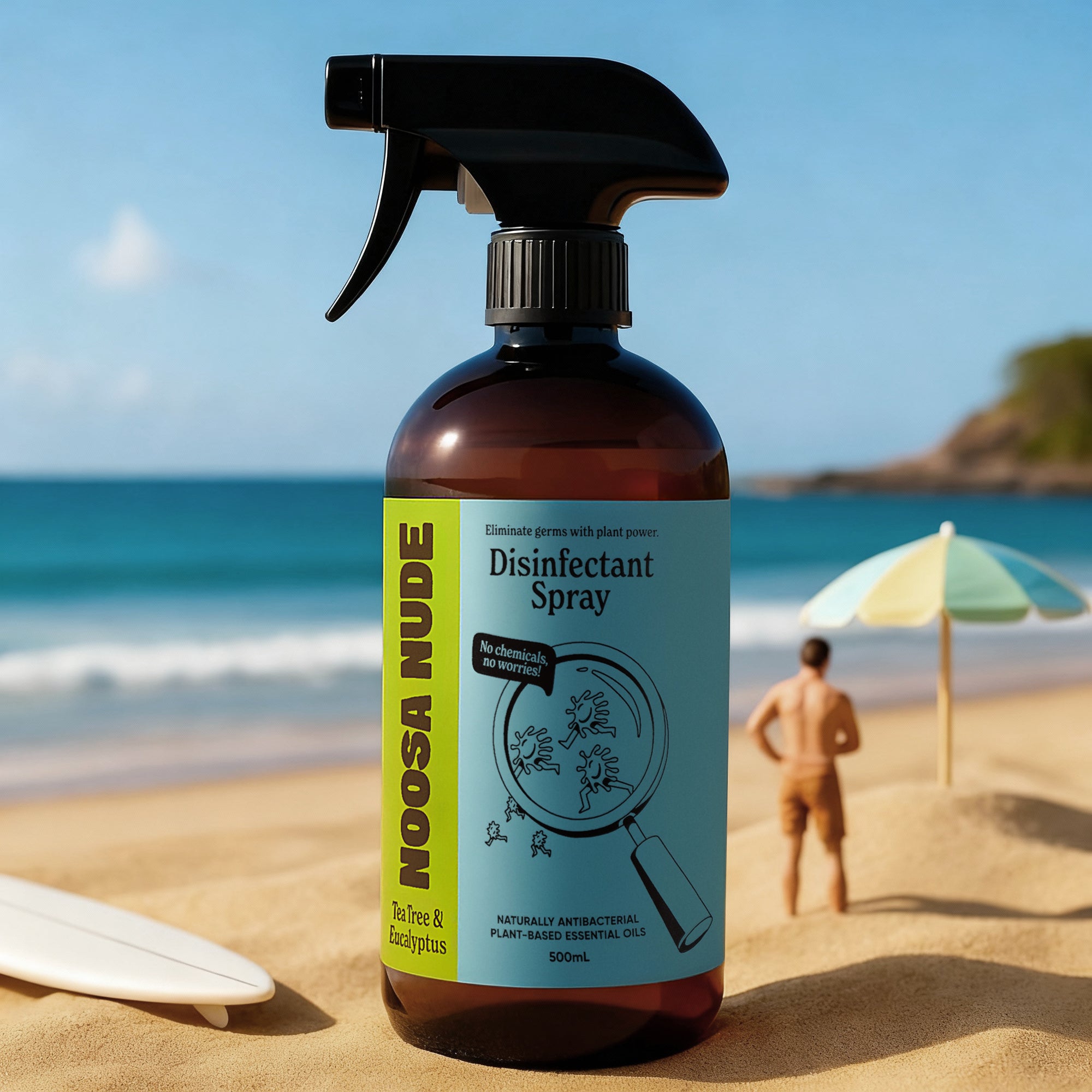 Disinfectant spray bottle on a beach with a person and umbrella in the background